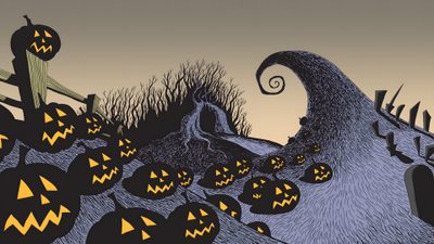 a halloween scene with pumpkins and jack - o'- lanterns Nightmare Before Christmas Halloween Town Nightmare Before Christmas Hill Background, Nightmare Before Christmas Computer, Nightmare Before Christmas Background Scene, gray