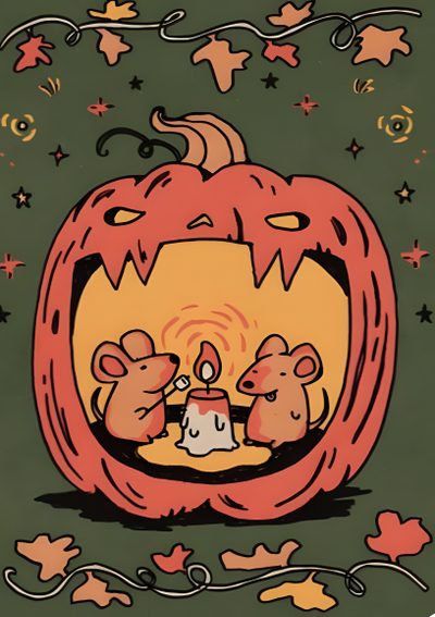 a card with two mice in a pumpkin Silly Halloween Chill Pumpkin, Ideas For A Background, Seasonal Art Ideas, dark olive green