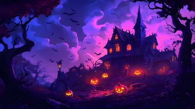 a creepy house with pumpkins in the yard Purple Halloween 4k Halloween Decoration Ideas, Halloween Haunted House At Night, Purple And Pink Halloween Theme, midnight blue