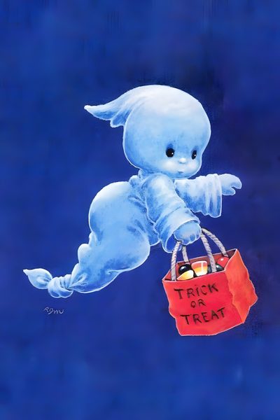 a painting of a baby elephant holding a trick or treat bag with the words trick or treat written on it Casper Halloween Cute Casper, Blue Halloween Characters, Nostalgic Halloween,