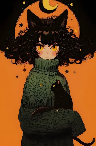 a woman holding a black cat in front of a full moon with stars on it Anime Cat Halloween Art Style Inspiration Traditional, Cat Witch Pfp, Black Cat Lofi, Witch And Cat,