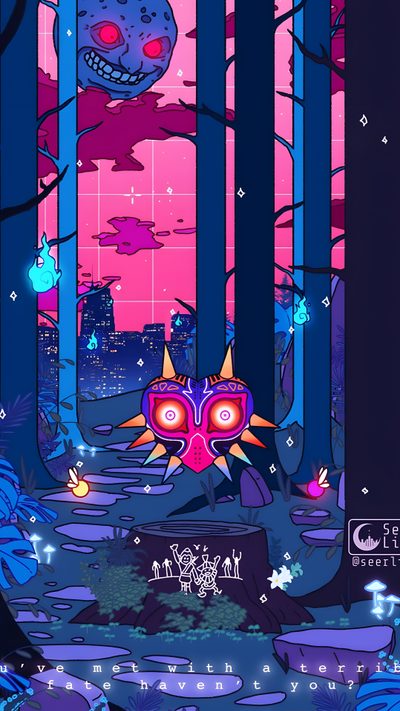 an image of a cartoon character in the middle of a forest with trees and plants Halloween Zelda Legend Of Zelda Background, Majoras Mask Iphone, Zelda Night, midnight blue