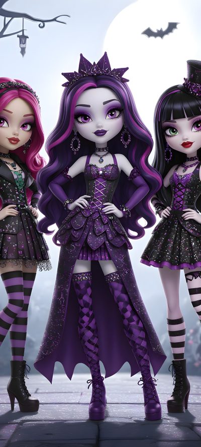 three dolls dressed up as witches in front of a full moon and bats with purple hair Monster High Halloween Monster High Morada, Monster High Elissabat, Elissabat Monster High, dark slate blue