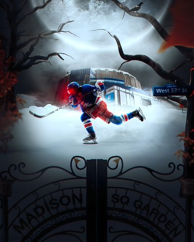an image of a hockey player on the ice in front of a gate with trees Hockey Halloween Sci Fi, New York Rangers Fan Art, New York Rangers Iphone, dark slate gray