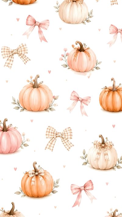 watercolor pumpkins with bows and hearts on white background, seamless wallpaper Fall/autumn Halloween Pumpkin Aesthetic Pumpkin, Watercolor Pumpkins, Tiny Heart, Pumpkin Design, white