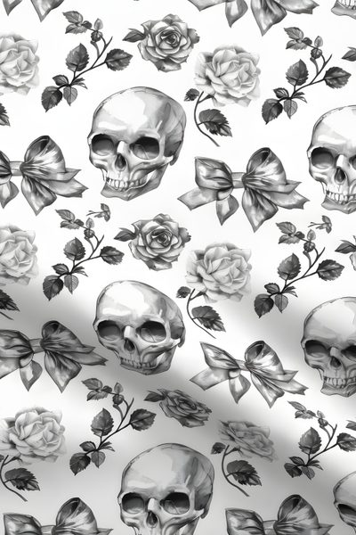skulls and roses on a white background Black And White Halloween Skulls In Bow Skull With Bow, Pink Bow On Skull Background, Girly Bow Skulls, silver