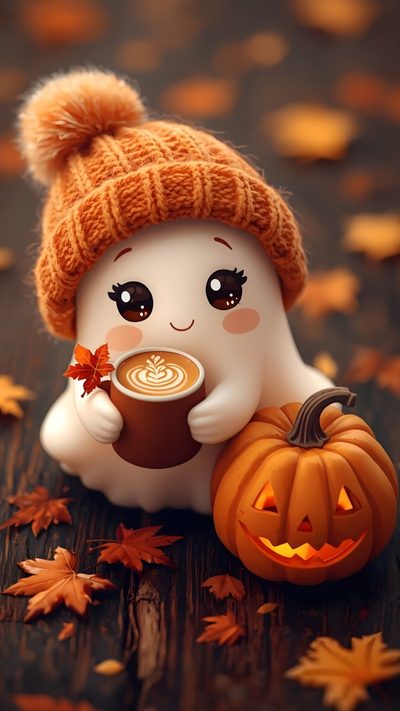 a cute little white ghost holding a cup of coffee with a pumpkin on the ground Cute Halloween Coffee Halloween Cute, Halloween Art, Cute Backgrounds, Happy Halloween Pictures, saddle brown