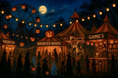 a painting of people dressed as witches and pumpkins in front of a carnival at night Halloween Carnival Horror Computer, Halloween Carnival Art, Pc Halloween, Halloween Ipad Backgrounds, black