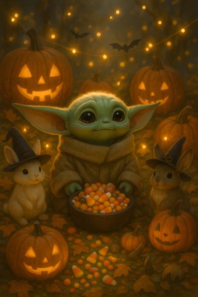 a painting of baby yoda and two rabbits with pumpkins Baby Yoda Halloween Star Wars Thanksgiving, Cute Baby Yoda Halloween, Yoda Art, saddle brown