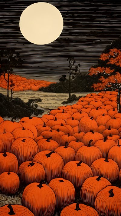 an image of a field full of pumpkins under a moonlit sky with trees in the background Japan Halloween Spooky Pumpkin Background, Pumpkin Landscape, Vintage Pumpkin, saddle brown