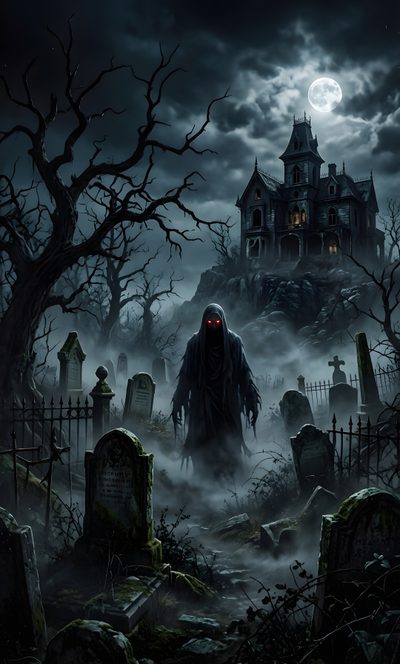 a creepy halloween scene with a ghost in the cemetery Free Scary Halloween Haunted Cemetery, Gothic Cemetery Art, Graveyard Tattoo, Haunted Images, dark slate gray