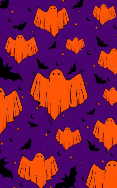 an orange and black bat pattern on purple fabric with bats in the sky behind it Purple And Orange Halloween Spoopy Background, Cute Halloween Purple Ghost, Purple And Orange Halloween Background, indigo