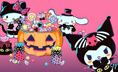 an image of halloween cats and pumpkins with candy in the bowl on pink background Cinnamoroll Halloween Gif Hello Kitty Halloween, Halloween Desktop, Halloween Iphone Backgrounds, pale violet red