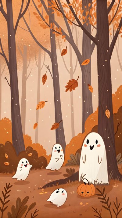 a group of ghost in the woods with pumpkins on the ground and leaves flying around Friendly Halloween Fall Drawing, Autumn Drawing, Halloween Ghost, October Halloween, peru