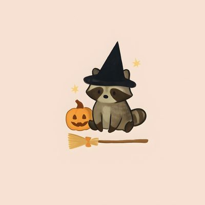 a raccoon with a witches hat sitting next to a broom and pumpkin on a pink background Halloween Raccoon Fall Animal Doodles, Halloween Raccoon Pfp, Halloween Cute Animals, antique white