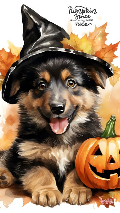 a painting of a dog wearing a witches hat and sitting next to a jack - o'- lantern Dog Halloween Iphone Halloween Dog, Halloween German Shepherd Background, Cute Dog Halloween, peru