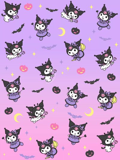 an image of halloween cats and bats on purple background Halloween Purple Halloween Cute Kuromi Cute Halloween Decor Inspiration, Cute Halloween, Halloween Bat Characters On Pink Background, plum