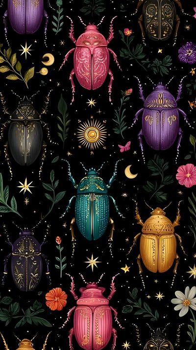 colorful bugs and flowers on black background Halloween Insects Bug Colors, Whimsy Phone, Witchy Aesthetic, Insect, Whimsical Goth, black