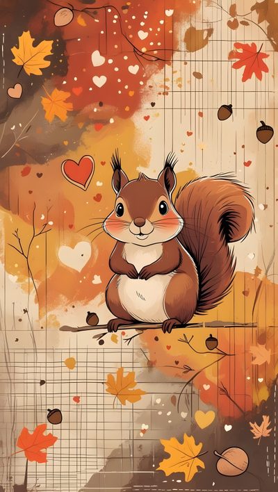a squirrel sitting on top of a tree branch with leaves and hearts in the background Squirrel Halloween Cute Fall Animal, Autumn Animal Ideas, Cute Autumn Animal, Cartoon Autumn, peru