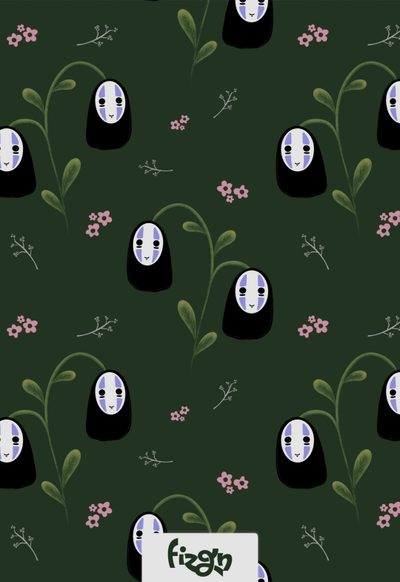 an image of spirited dolls with flowers and plants in the background on a dark green wallpaper Studio Ghibli Halloween Art Licensing, Spooky Halloween, Studio Ghibli, Kids Wear, dark slate gray