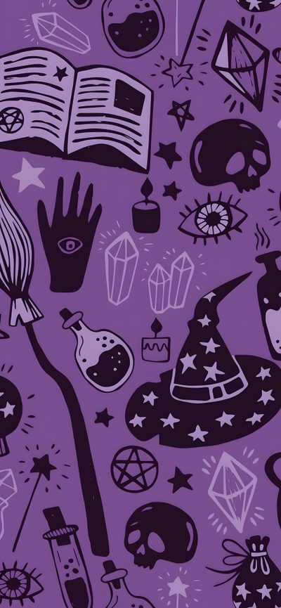 a purple background with black and white items on it, including an open book in the middle Purple Halloween Iphone Halloween Backgrounds Purple, Purple Halloween Background Iphone, Pastel Purple Halloween, dark slate blue
