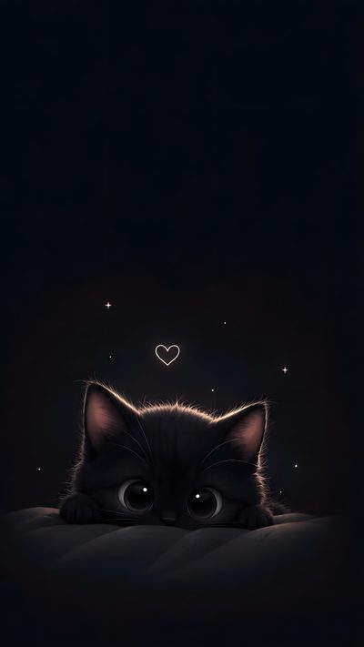 a black cat laying on top of a bed under a heart shaped light with stars in the background Halloween Kitten Hd Dark Moody, Black Background Art, Black Theme, Cat Pfp, Black Background, Dark,