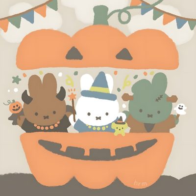 an image of halloween pumpkins with animals in them Miffy Halloween Halloween Pumpkin Carving Stencils, Miffy Halloween, Christmas Miffy Drawing, dark salmon