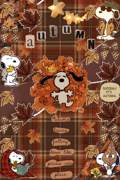 an autumn poster with snoop and friends on it Snoopy Halloween Cute Trending, Fall Screen, Seasonal, Cute Fall Backrounds, Fall Cartoon, saddle brown