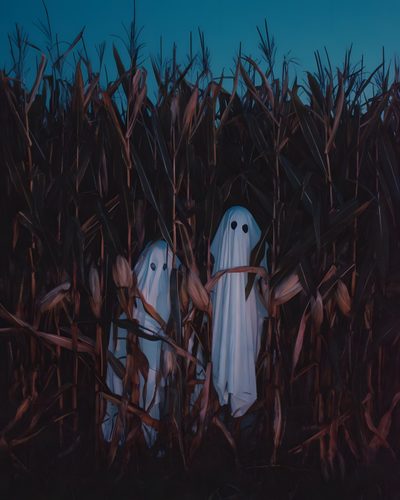 two ghost figures standing in the middle of a corn field Halloween Duo Ghosts In The Graveyard, Ghost Fall Aesthetic, Autumn Ghost Photography, black