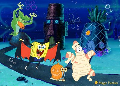 spongebob and his friends are playing in the water with their pumpkins on halloween night Spongebob Squarepants Halloween Spongebob Halloween Gif, Spongebob Halloween Background, Spongebob Halloween Episode Scaredy Pants, midnight blue