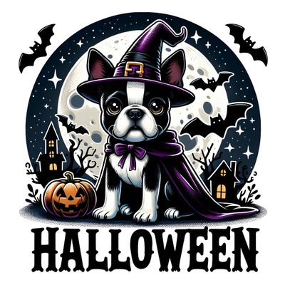 a dog wearing a witches hat sitting in front of a full moon with bats and pumpkins Halloween Boston Terrier Boston Terrier Halloween Drawing, Halloween Boston Terrier, Boston Terrier Witch Svg, silver