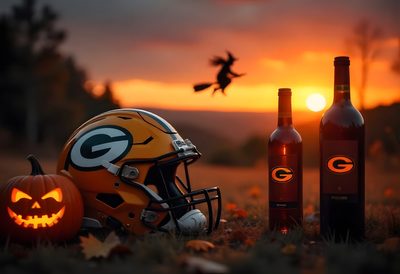 a green bay packers helmet sits next to two bottles of wine and a jack - o'- lantern Packers Halloween Cake Pop Decorating, Green Bay Packers Fans, Go Pack Go, Packers Fan, maroon