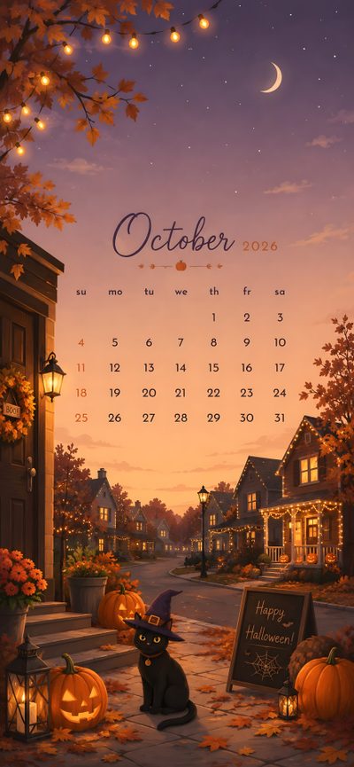 a black cat sitting on top of a sidewalk next to pumpkins and lights in front of a house Cute Halloween Iphone Count Down September Aesthetic, sienna