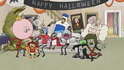 cartoon characters standing in front of a happy halloween banner Regular Show Halloween Halloween Cartoon Network, Uncle Grandpa Costume, Regular Show Halloween, dark gray