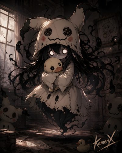 an anime character holding a teddy bear in her arms Halloween Mimikyu Mimikyu Fanart, Dream Monster, Bear Species, Pokemon Rpg, Different Forms Of Art, black