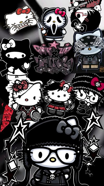 hello kitty stickers are all over the place Hello Kitty Halloween Pink Hello Kitty Iphone, Hello Kitty Y2k, Hello Kitty Hd, Pink Hello Kitty, Emo, black
