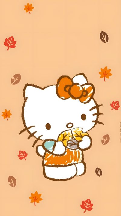 an image of hello kitty with autumn leaves Halloween Hello Kitty Fall Hello Kitty Halloween, Fall Backgrounds Iphone, App Ikon, burlywood