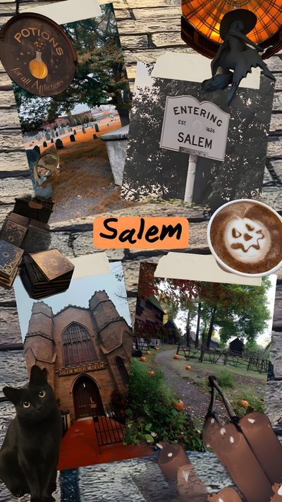 a collage of photos with the words salem written in orange and black on them Salem Halloween Aesthetic Salem In October, Salem Massachusetts Aesthetic, Salem Massachusetts October, dark olive green