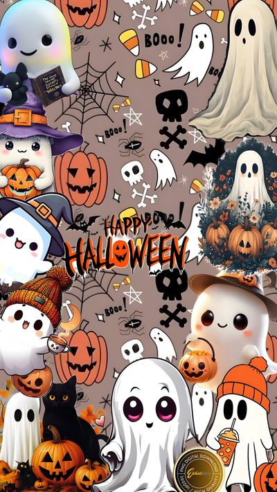 halloween wallpaper with ghost, pumpkins and jack - o'- lanternes Happy Halloween Spirit Halloween Halloween Kawaii Background, Halloween Seamless Patterns Collection, Heart, rosy brown