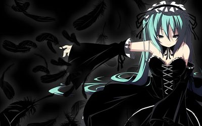 an anime character with blue hair and black dress holding her arms out in the air Hatsune Miku Halloween Miku Steam Background, Nightcore Hatsune Miku, Goth Miku Gif, black