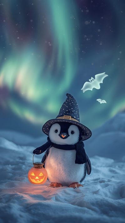 a penguin wearing a witches hat and holding a jack - o'- lantern in the snow Penguin Halloween Penguins, Penguins Iphone, Penguin Iphone, Viral Penguin Iphone, Halloween, dark slate blue