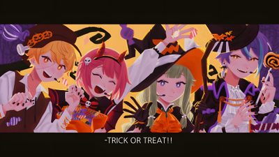 three anime characters are standing in front of an orange background with the words trick or treat written on it Pjsk Halloween Pjsk Halloween, Bandori Halloween Cards, Project Sekai Halloween Cards, maroon
