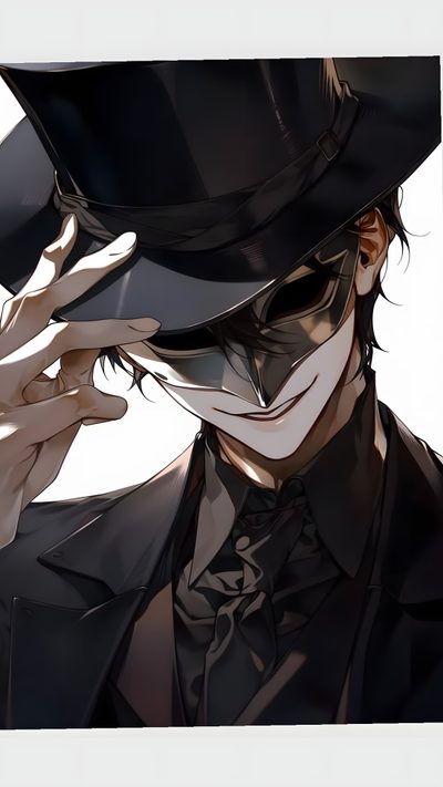 a man wearing a top hat and holding his hand up to his face Halloween Anime Boy Jester Mask Anime, Mystery Anime Character, Ringmaster Mask, dark slate gray