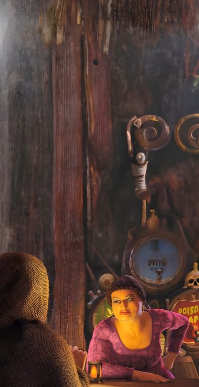 a woman sitting at a table in front of a wall with clocks and other items on it Halloween Shrek Shrek 2, Shrek 2001, Shrek E Fiona, Shrek Backgrounds, Fiona Shrek, dark slate gray