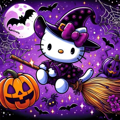 a hello kitty halloween scene with pumpkins and witches Purple Hello Kitty Halloween Hello Kitty Kuromi Halloween, Hello Kitty October, Hello Kitty Witch Drawing,
