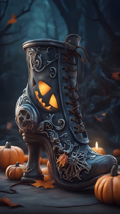 a pair of boots sitting on top of a table next to pumpkins and candles Halloween Retro Shoes With Pumpkins Colorful Witch Boots Art, Witch Shoe, Halloween Boot, dark slate gray