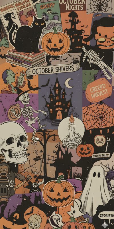 a bunch of halloween stickers that are all over the place Retro Halloween Iphone Vintage Halloween Crafts, Iphone Pattern, Fabulous Fall, Edgy, Halloween, dim gray
