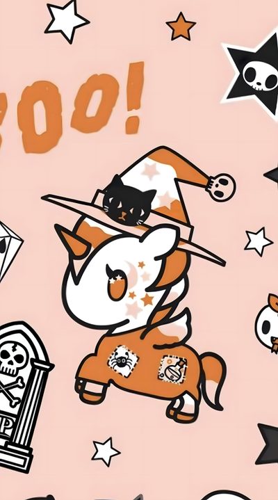 an animal with a hat and some other items in the background that say booo Tokidoki Halloween My Little Pony Halloween, My Little Pony Halloween Background, Tokidoki Phone, peach puff