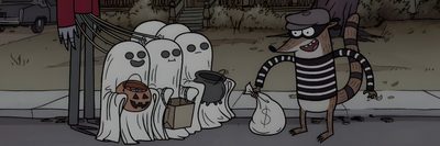 two cartoon characters dressed as ghostes and one is holding a bag with pumpkins Regular Show Halloween Halloween Twitter Profile Picture, Halloween Long Widget, Halloween Medium Widget, dark slate gray