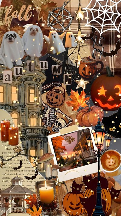 halloween collage with pumpkins, candles and ghost faces in the background is an old building Halloween Collage Halloween Baddie, Halloween Aesthetic Iphone, Autumn Halloween, sienna